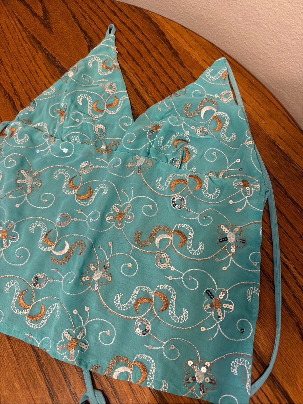 Turquoise Embroidered Halter Satin Top open back fairycore y2k
